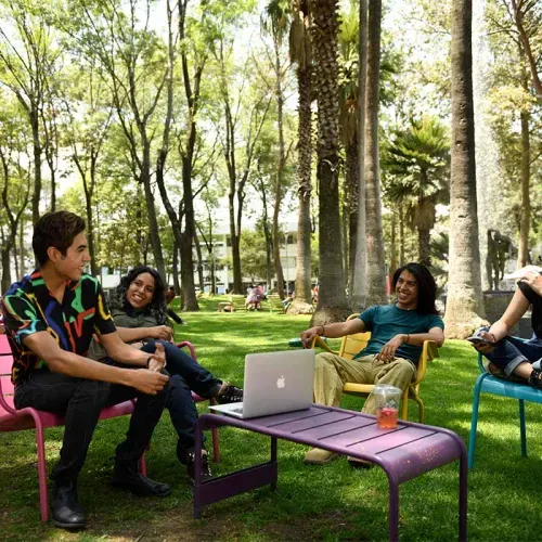 Estudiantes platicando en jardín de un campus del Tec de Monterrey